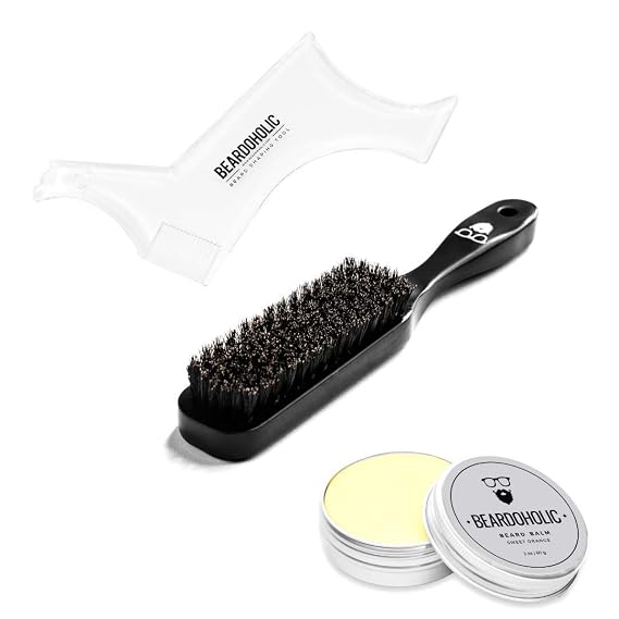 Beardoholic Beard Balm, Brush and Shaping Tool Set 100% All Natural, 100% Boar Bristles Anti-Static, Eliminates Tangles and Ingrown Hairs, Itch and Dandruff Shape and Style Beard With Ease