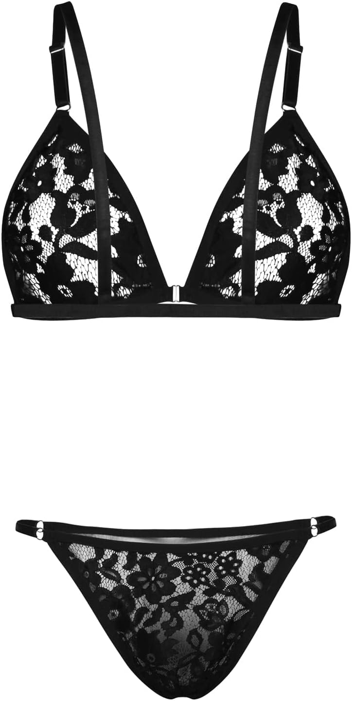 Mens Sissy Bikini Crossdressing Lingerie Set Lace Trim Bra Tops With Briefs Thongs Underwear Gay Nightwear