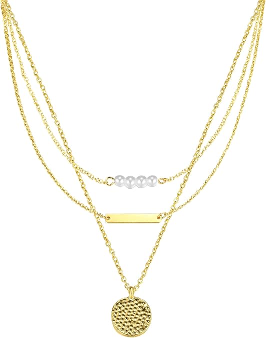 Layered Gold Necklaces for Women Dainty 14K Gold Pendant Pearl Choker Necklace with Full Moon Trendy Jewelry for Women
