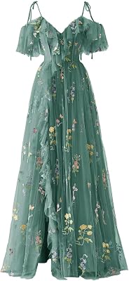 Basgute Womens Flower Embroidery Tulle Prom Dresses Slit Long Spaghetti Straps V Neck Fairy Formal Evening Party Gown