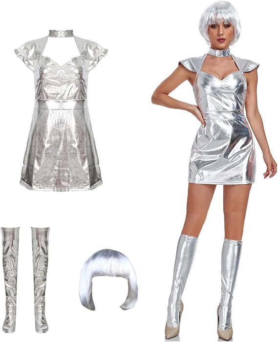 Alien Costume Women Space Metallic Robot Outfit for Aldult with Wig and Foot Covers Halloween Cosplay Dress