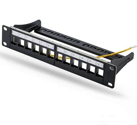 Yankok [12 Port Blank Patch Panel with Ground Wire] 10in. 1U Detachable Cable Management Rack Mount for CAT5/5e CAT6/6a and CAT7 Shielded Unshielded RJ45 Keystone Jacks Inline Coupler