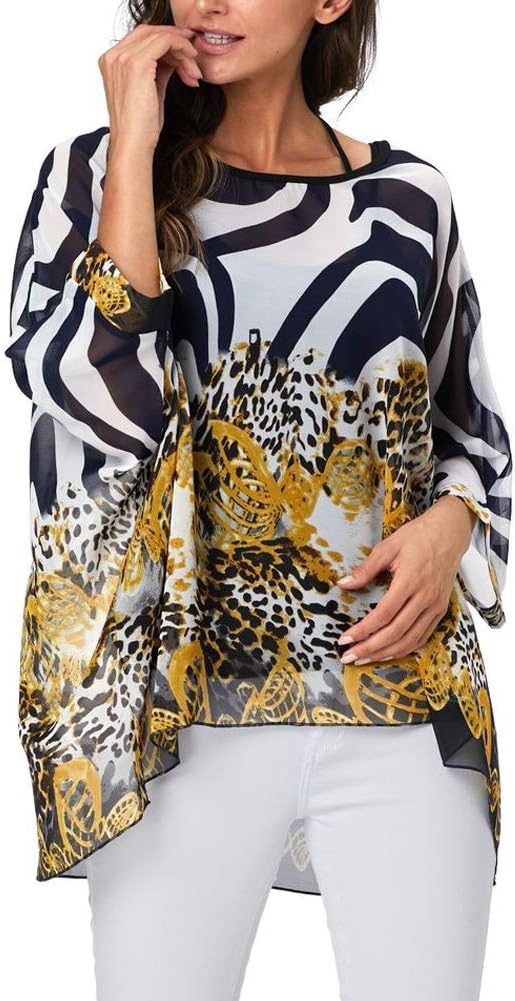 Ckikiou Flowy Batwing Semi Sheer Chiffon Cover Up for Women | Loose Fit, Irregular High Low Hem, Tropical Printed Blouse, Boho Beach Overlay Top, Resort Wear, Spring, Summer
