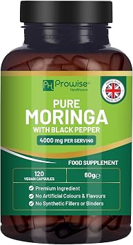 Pure Moringa Leaf 4000mg per Serving Added with Black Pepper 120 Vegan Capsules | Moringa Oleifera Leaf Supplement | 100% Natural - No Synthetic Binders or Fillers | Extract & Powder Combo by Prowise