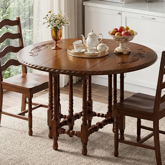 Solid Wood Round Drop Leaf Table for Small Spaces, No Assembly