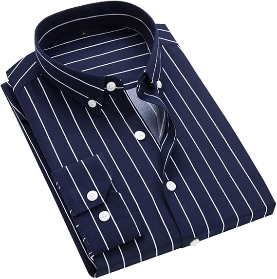 Men's Long Sleeve Dress Shirts Casual Business Vertical Striped Button Down Slim Fit Shirts