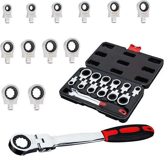 Flex Head Ratcheting Wrench set, 12 in 1 Exchangeable Ratchet Set, 8-19mm Metric & SAE Combination Wrench Set for Auto, Mechanic Flexible Wrench Kit, Auto Repair Tools for Men
