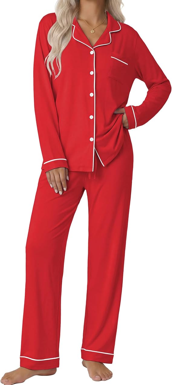 Ekouaer Women's Classic Long Sleeve Button Down Pajama Set