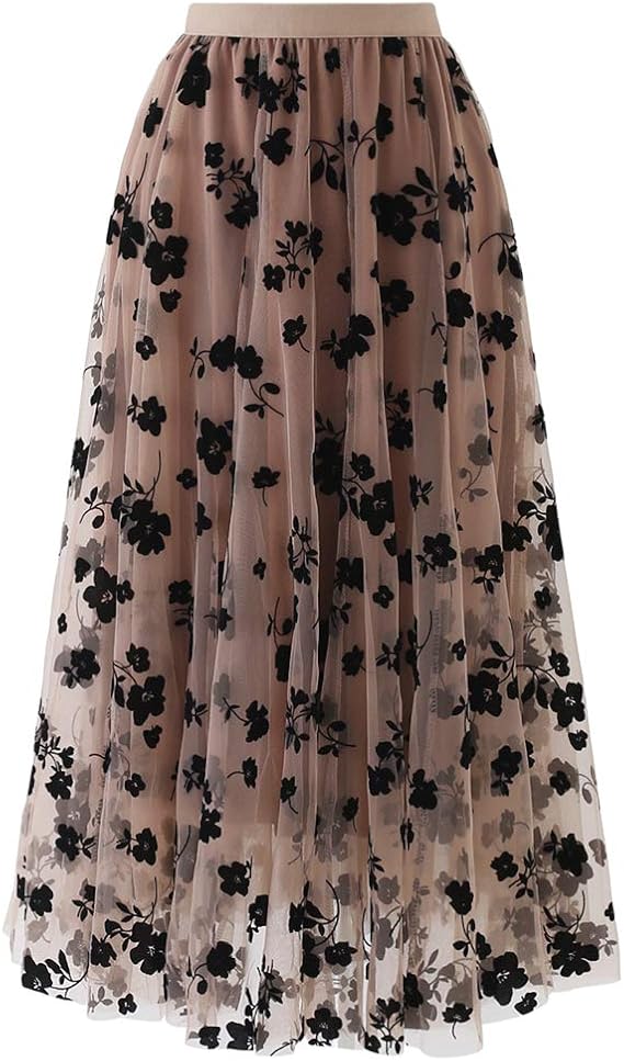 CHICWISH Women's 3D Posy Double-Layered Mesh Midi Skirt