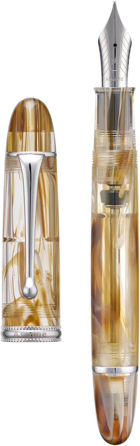Asvine V800 Fountain Pen Vacuum Filling System with Large Ink Capacity Smooth Number 8 Medium Nib with Gift Case and Wrench- Brown White