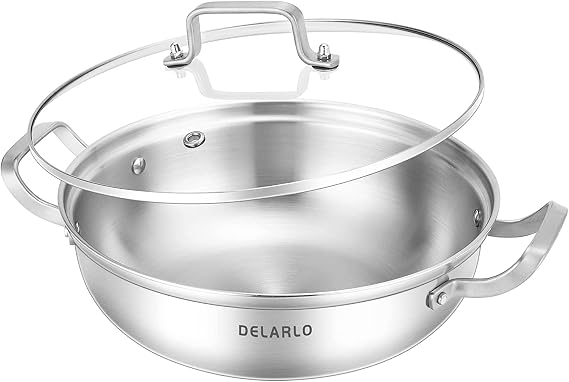 Delarlo Tri-Ply Stainless Steel Hot Pot 13 inch Everyday pan With lid,5QT