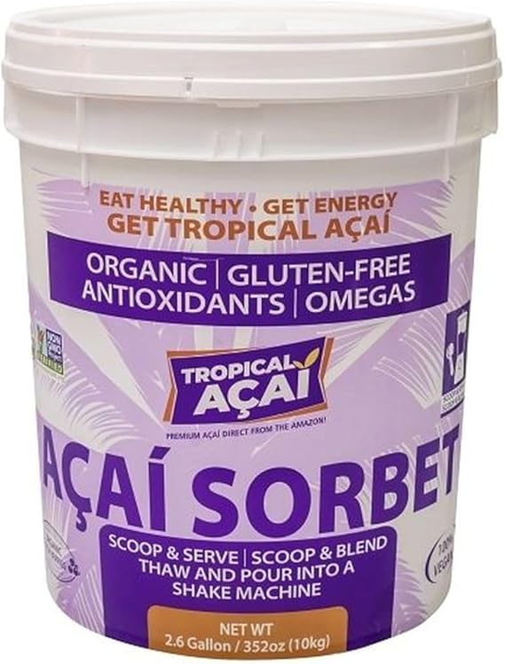 Tropical Acai Organic Acai Sorbet Base 22lb Pail - Brazilian Berry Superfood for Smoothies & Bowls - Vegan Non-GMO Frozen Dessert
