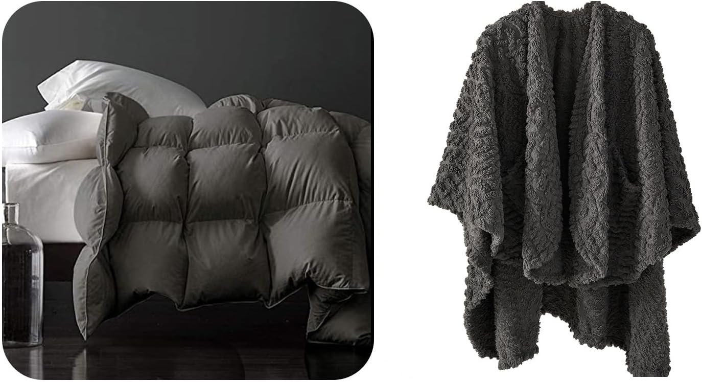 Royoliving 1 King Size Winter Feather Down Comforter & 1 Fuzzy Sherpa Wearable Fleece Blanket with Pockets