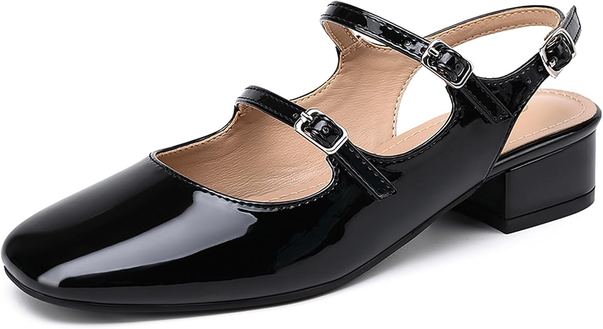 NEWBELLA Women's Mary Jane Pumps, Retro Chunky Low Block Heel, Double Adjustable Ankle Buckle Straps, Vintage Dress Pumps