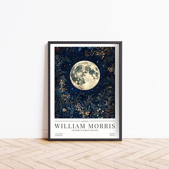 William Morris Full Moon Print, William Morris Exhibition Poster, Moon Phases Stars Art Nouveau Minimalist Home Decor Wall Art Print, Minimalist Modern Living Room Decor (A4 - FRMAED (Black))