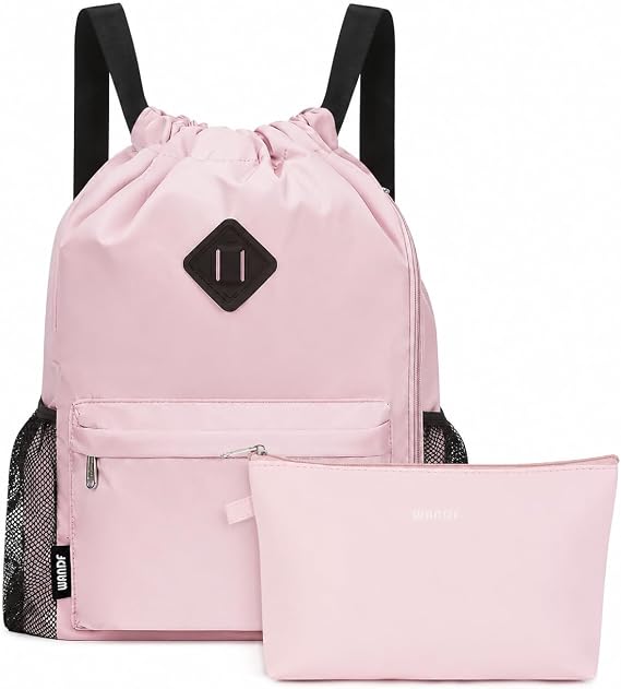 WANDF Pink Drawstring Backpack with Makeup Pouch for College