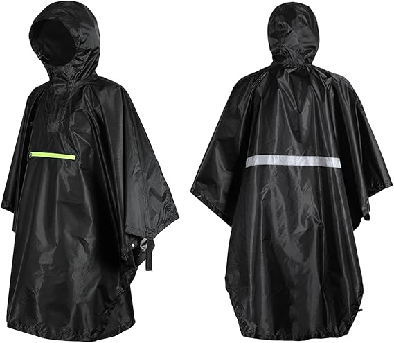 Lightweight Polyester Taffeta Poncho with Reflective Strip and Adjustable Drawstring for Camping and Hiking Outdoor Activities, 116cm x 160cm, Gray, Orange, Black (Black)