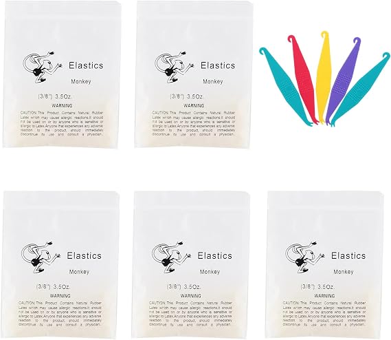 Easyinsmile Orthodontic Elastic Rubber Bands 500 PCS Medium 3.5 Ounces Dental Rubber Traction Bands 5 PCS Elastic Placers for Braces (3/8", Monkey)