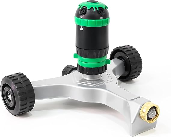 RESTMO Gear Drive Sprinkler with Metal Wheeled Base,Portable Lawn Sprinkler