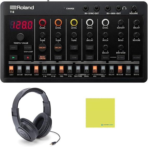 Roland T-8 Beat Machine Bundle | Miniature Rhythm Factory, Headphones, Polishing Cloth & Pop Filter Included