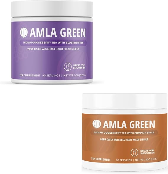 Amla Powder & Green Tea Superfood Supplement, Antioxidant Support, Made with Elderberries (90 Servings) & Pumpkin Spice (30 Servings), Organic, Vegan