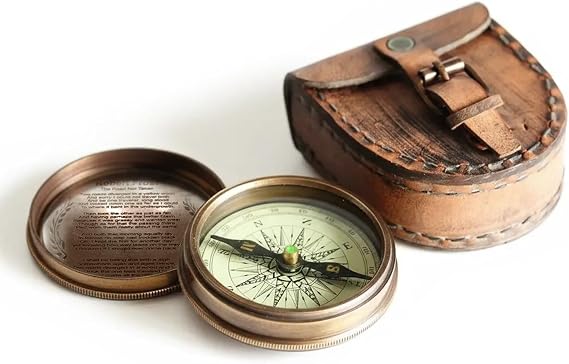 Antiqued Brass Poem Compass with Leather Case Rustic Vintage Home Decor Gifts