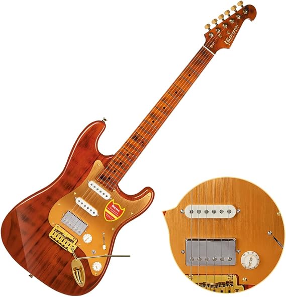 Bullfighter Electric Guitar with Tiger Stripe Flamed Maple Top & Gold Pickguard, Solid Body Electric Guitars for Adults D190(New version)