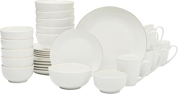 Gibson Home Ogalla 30 Piece Plates, Bowls, Mugs Dinnerware Set - Service for 6 - White Porcelain W/Gold Band