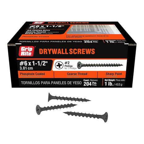 Grip-Rite Coarse Thread Drywall Screws - #2 Phillips Bugle Head - Sharp Point - For Attaching Drywall to Wood Studs - Phosphate Coated - 1 Lb Box - #6 X 1-1/2" Drywall Screws - 112CDWS1
