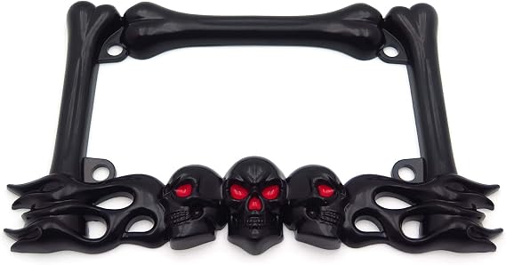 HTTMT- MT294-006- 3D SKULL FLAME BONES BLACK MOTORCYCLE LICENSE PLATE FRAME Compatible With HARLEY-DAVIDSON Black