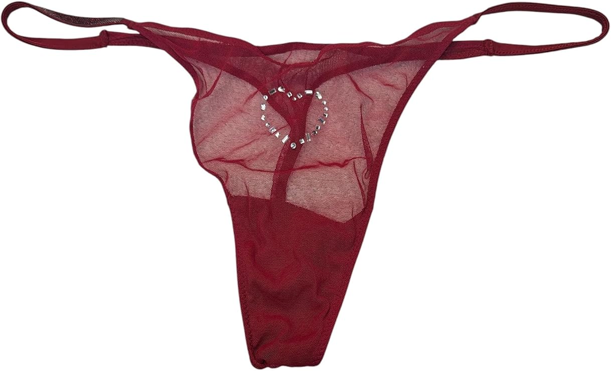 Victoria's Secret Shine Strap Heart Mesh Thong Burgundy Rhinestone New