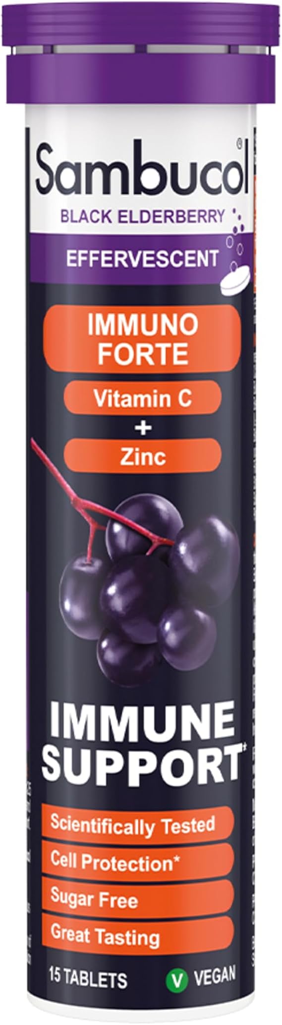 Sambucol Black Elderberry Effervescent Tablets - With Vitamin C & Zinc, Immune Support Supplement, Black Elderberry with Zinc and Vitamin C Effervescent Tablets, Drink Fizzies - 15 Tablets