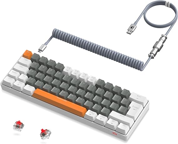 ZIYOULANG T60 Gaming Keyboard, Mechanical Keyboard, Red Switch, 60% Compact Keyboard, Wired Connection, Tenkeyless, 62 Keys, Color Blocking, 19 Types RGB, 64 Colors Rainbow Backlight, Anti-Ghost, Full