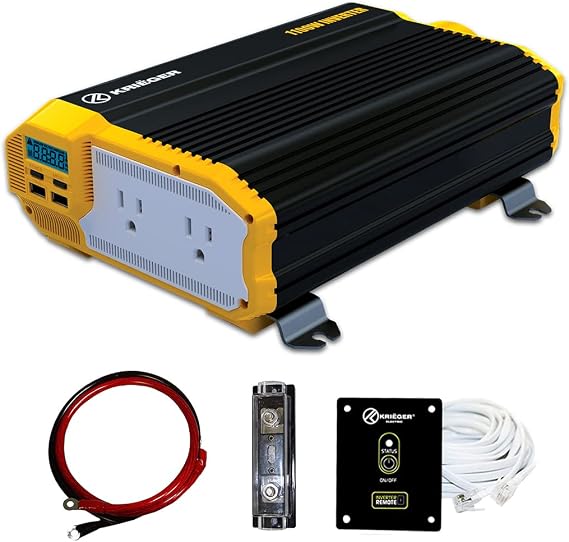 Krieger 1100 Watt 12V Power Inverter Dual 110V AC Outlets, Installation Kit Included, Automotive Back Up Power Supply For Blenders, Vacuums, Power Tools - ETL Approved Under UL STD 458