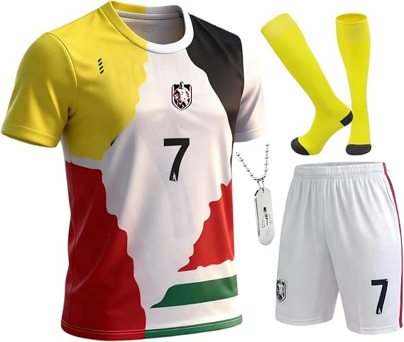 Kids Soccer Jersey Boys Youth Uniform Set - 4pc Soccer Kit with Jersey, Shorts, Socks & #7 Necklace for Ages 6-14