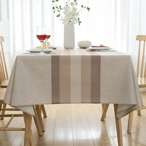 Mantel Rectangular Lino 200 x 140 Rayas Manteles Beige Moderno Lavable Exterior Mesa Antimanchas Rústico Protector Mesa Comedor Decorativo para Exterior, Navidad, Fiestas, Cumpleaños