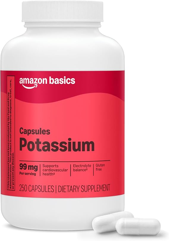 Amazon Basics Potassium Heart Health Capsules, 99 mg, 250 Count