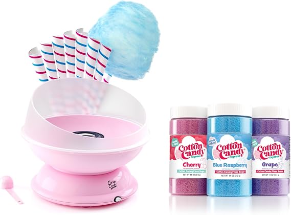 Cotton Candy Express CC1000-S Cotton Candy Machine, with 3 - 11oz. Jars of Cherry, Grape, Blue Raspberry, Orange, Pink Vanilla Floss Sugar & 50 Paper Cones Easy to Use and Clean