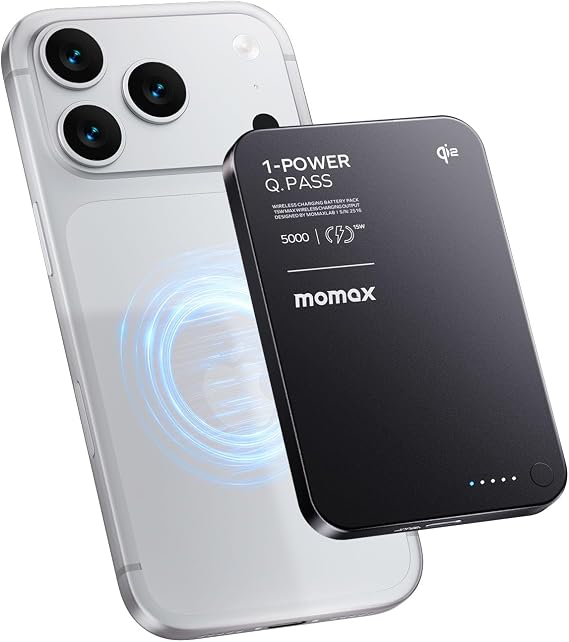 MOMAX Qi2 Magnetic Power Bank, 5000mAh Slim Portable Charger | 15W Wireless & 20W USB-C PD Fast Charging, Designed for MagSafe iPhone 17/16/15/14/13/12 Series
