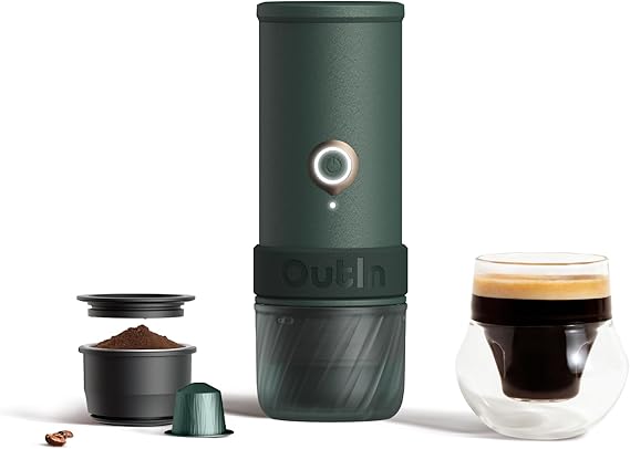 OutIn Mino Portable Electric Espresso Machine for Travel with Self-Heating | Mini Camping Coffee Maker, Pocket-Sized Coffee Machine, Ground Coffee & NS Capsule Adapter for Adventure, Moss Green