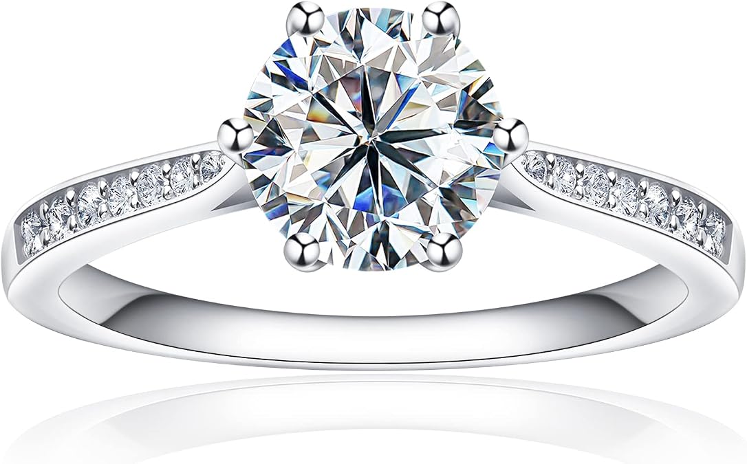 Moissanite Engagement Rings for Women, 1ct 1.5ct 2ct D Color Round Diamond Solitaire Engagement Ring, White Gold Plated Sterling Silver Wedding Promise Rings