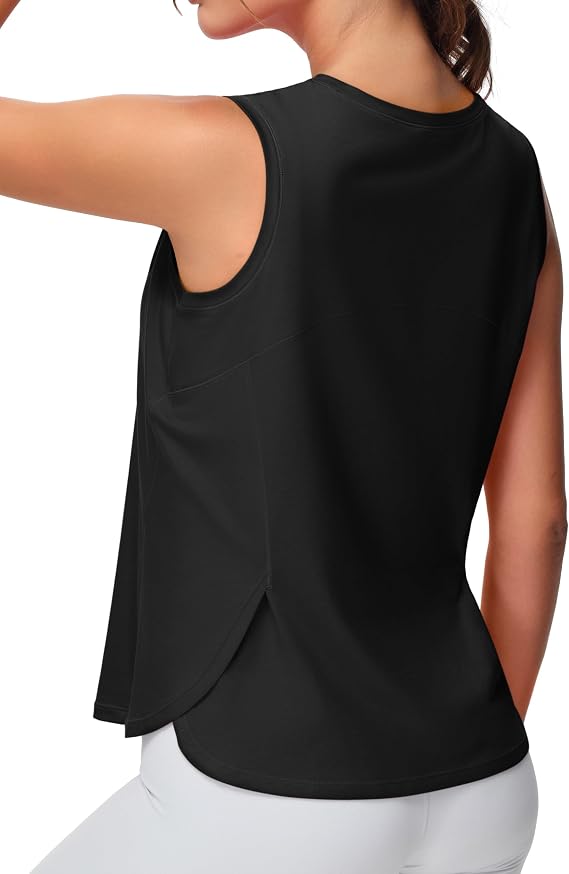 Dragon Fit Lightweight Workout Tank Tops for Women Sleeveless Yoga Shirts Side Split Loose Fit Athletic Tops with Curved Hem Black, X-Large