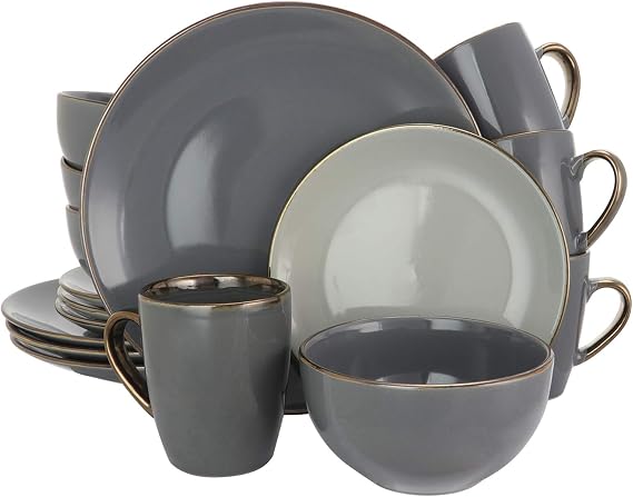 Elama Tahitian Grand 16 Piece Luxurious Dinnerware Set in Stone and Slate with Complete Setting for 4