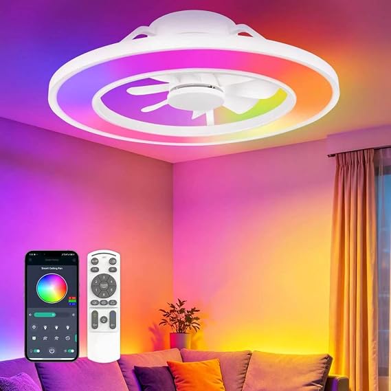 20" RGB Ceiling Fans with Lights, LED Low Profile Ceiling Fan Light, Modern RGB+CCT Dimmable Ambient Light Remote/APP Control, Flush Mount Fandelier for Bedroom Living Room