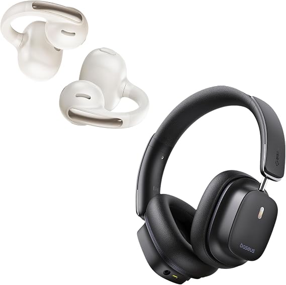 Baseus Bowie MC1 Open Ear Clip-On Earbuds with Bowie 30 Max Active Noise Cancelling Headphones, Adaptive Comfort, Impact Sound, Adaptive Bass Boost, Head Tracking Spatial Audio, LDAC Hi-Res Sound