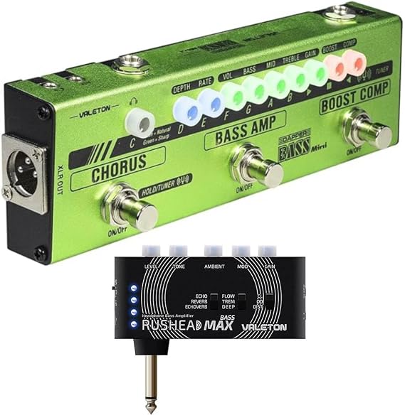 Valeton MES-2 Dapper Bass Mini Effect Strip and Valeton Rushead Max Bass USB Chargable Portable Pocket Bass Headphone Amp Carry-On Bedroom Plug-In Multi-Effects bundle