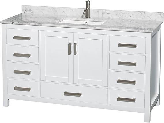 Wyndham Collection Sheffield 60 inch Single Bathroom Vanity in White, White Carrara Marble Countertop, Undermount Square Sink, and No Mirror