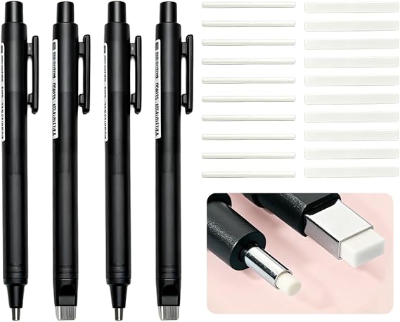 4 Pack Retractable Mechanical Eraser Pen Set, 4 Black