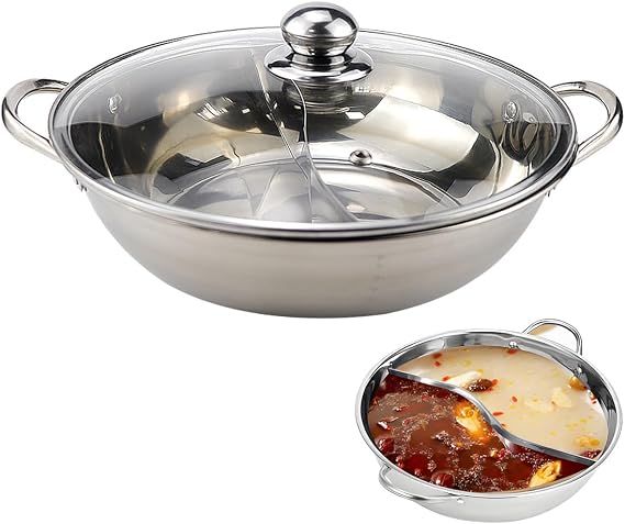 Stainless Steel Divided Hot Pot,12 Inch Double Sauce Soup Pot Shabu Pot