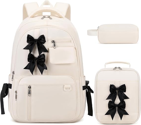 Bevalsa Backpack for Girls, Bow Backpack for Kids with Lunch Bag & Pen Case